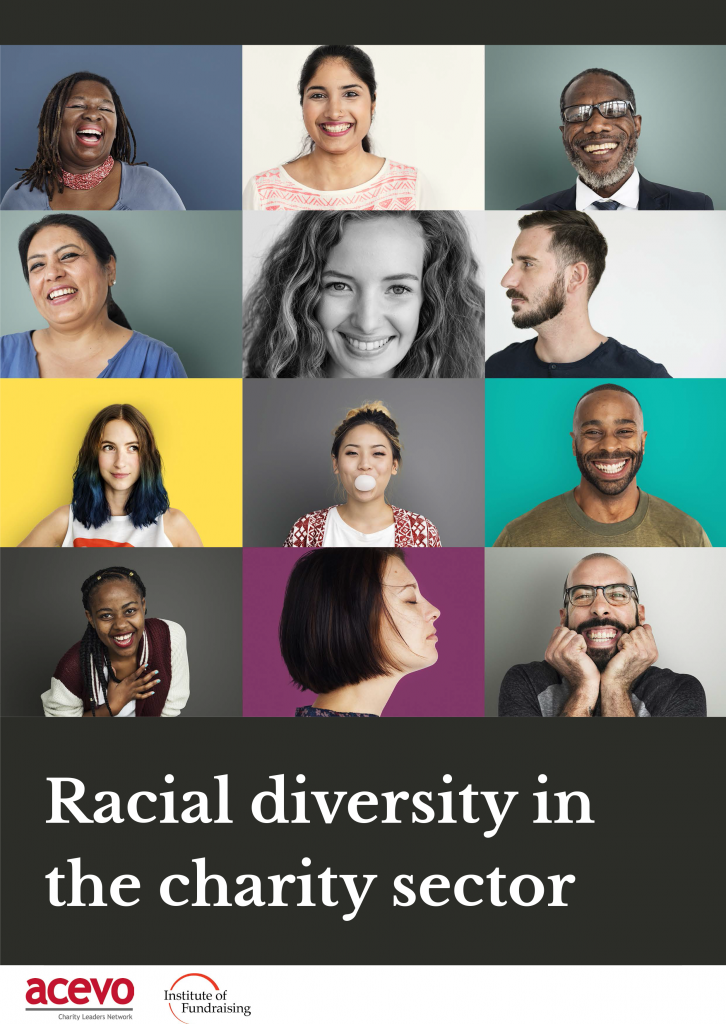 Cover of report Photos of the faces of 12 people, distributed in 4 rows and 3 columns. The people are there to represent diversity. It reads: Racial diversity in the charity sector Logos of: ACEVO and Institute of Fundraising