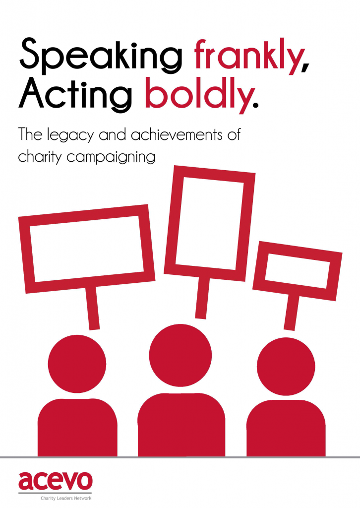 Cover of report It reads: Speaking frankly, acting boldly The legacy and achievements of charity campaigning ACEVO logo