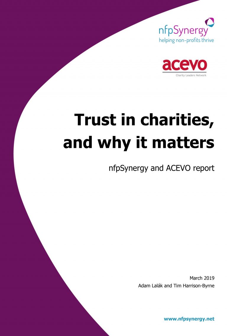 Cover of report. It reads: Trust in charities, and why it matters By nfpSynergy and ACEVO March 2019 Adam Lalak and Tim Harrison-Byrne