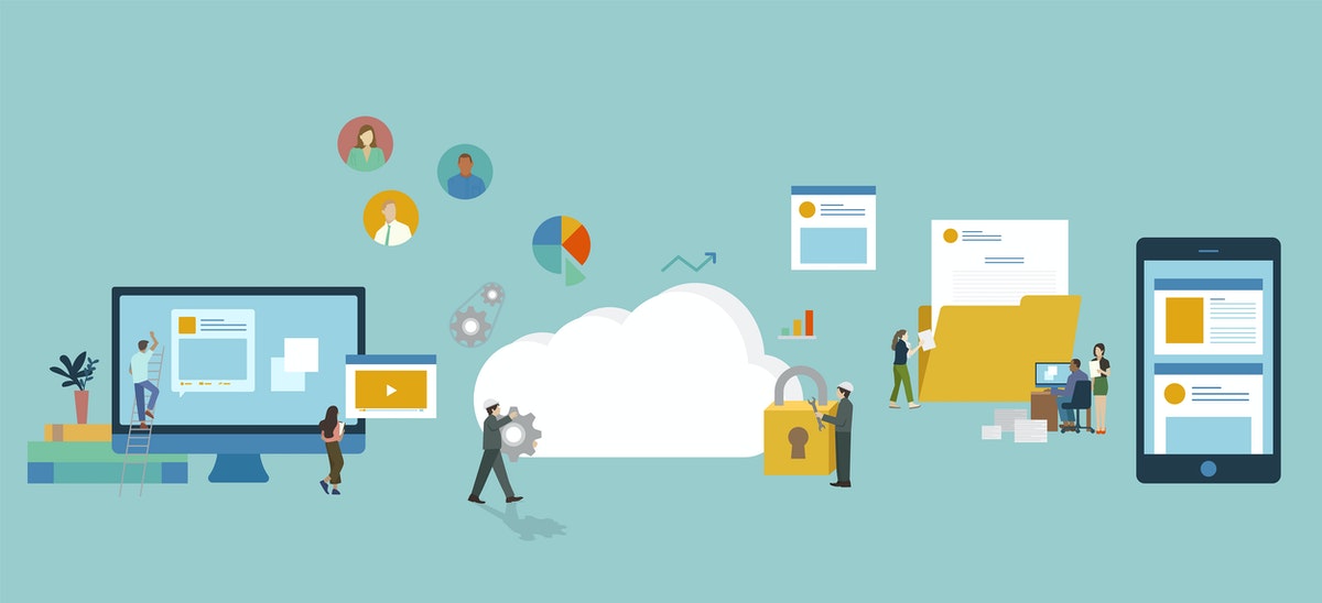 illustration over a blue/green background of several digital icons: laptop, cloud, lock, folder, mobile phone. There are also illustration of people, walking around them. The icons are much larger than the people, to represent us navigating in the digital world