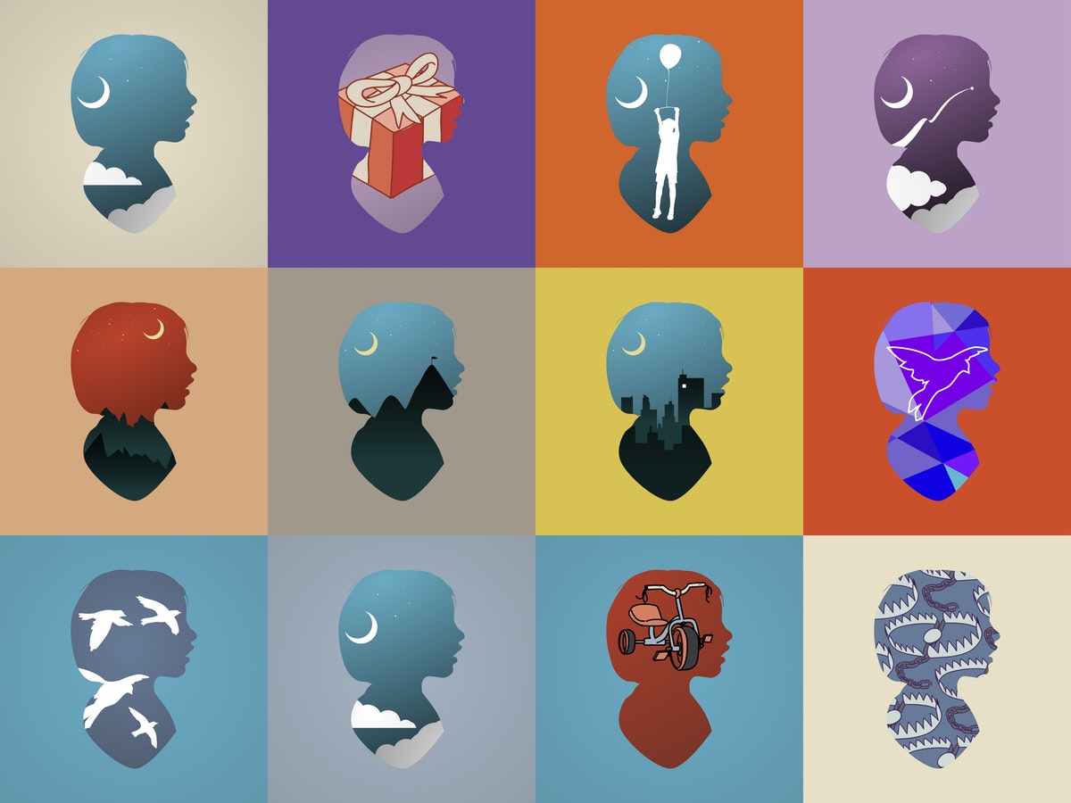 illustration showcasing 12 profiles of a person's head. Inside each head there is a different symbol.