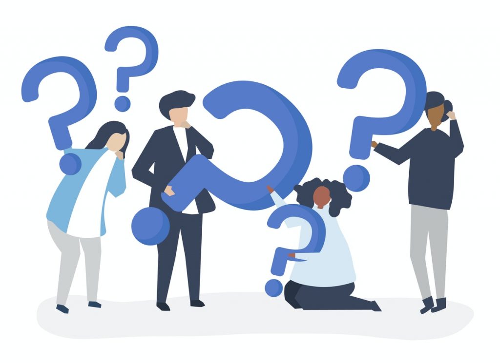 illustration of 4 people holding question marks, there are 5 question marks in total, in different sizes, all in blue.