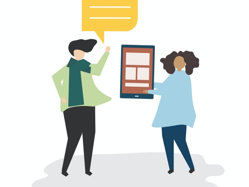 illustration showing two people standing up as they were talking to each other. there is a speech bubble above the person on the left and the person on the right is holding a form