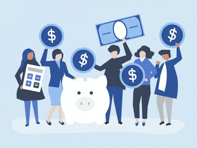 illustration. 5 people, each one holding or touching a symbol that represents money of finances. such as a calculator, a dollar sign, a piggy bank.