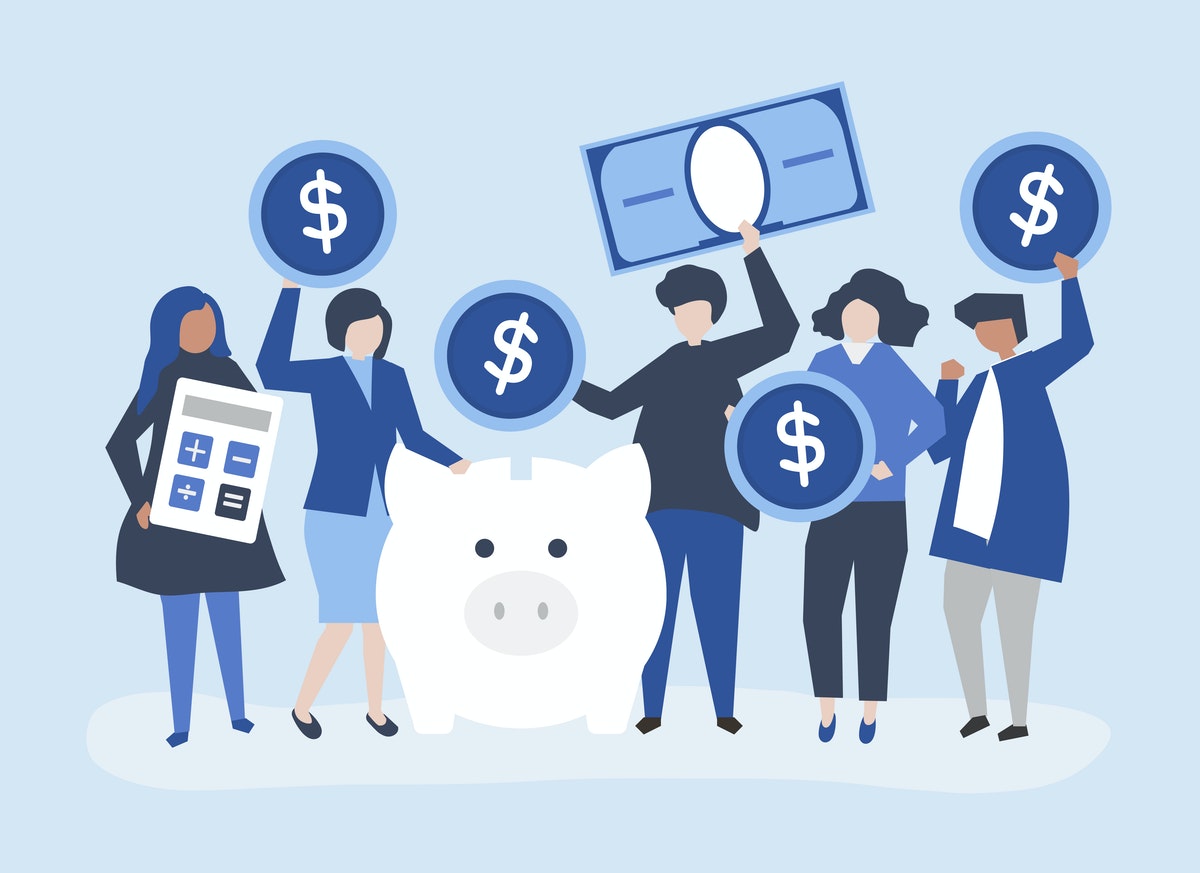 illustration. 5 people, each one holding or touching a symbol that represents money of finances. such as a calculator, a dollar sign, a piggy bank.