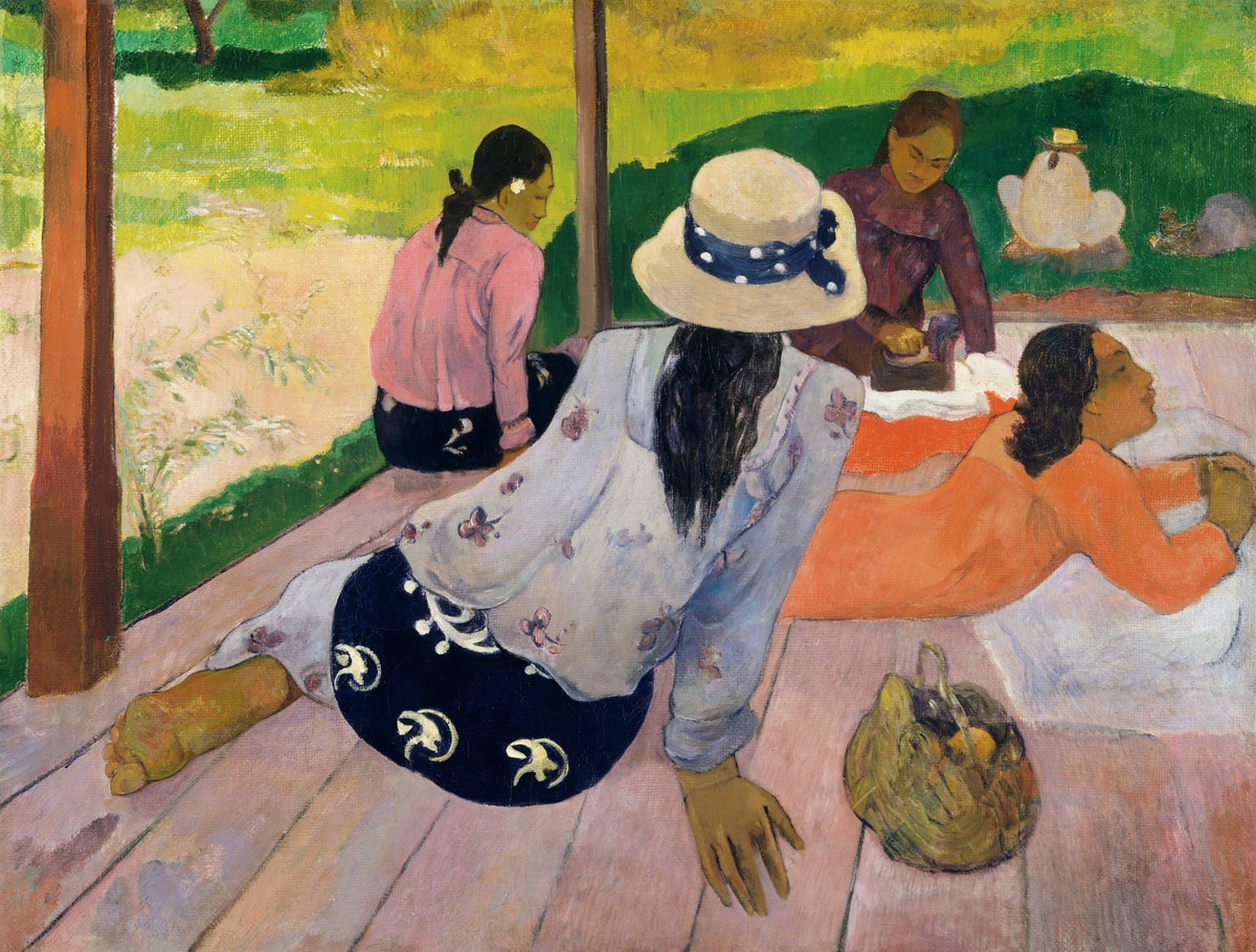 Painting by Paul Gauguin. Women are sitting on what it looks like a patio, relaxing.