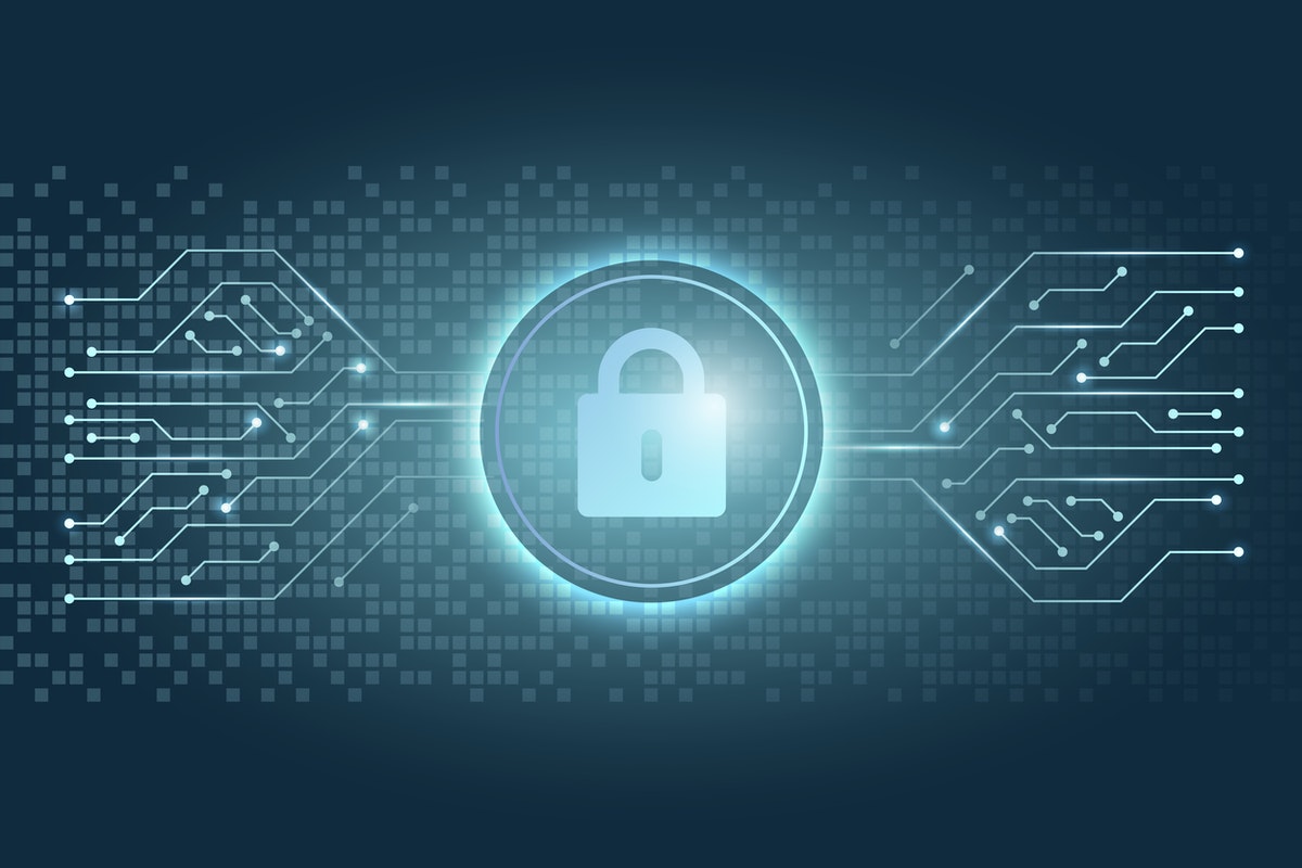 illustration of a padlock with a circle around it. electronic connections trying to invade the circle, as it's protecting the padlock