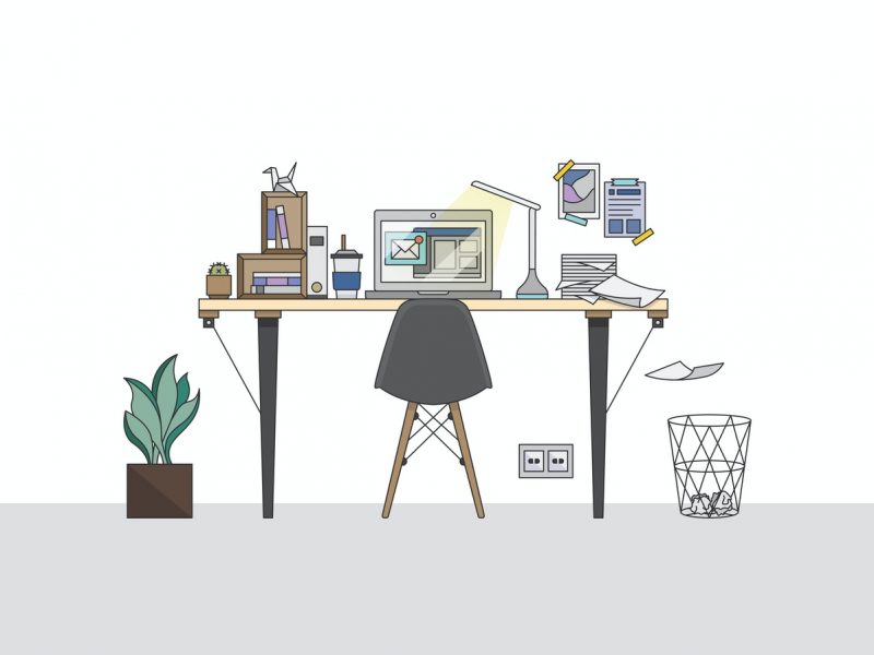 illustration of a work space: chair, desk, a laptop and a table lamp over the desk