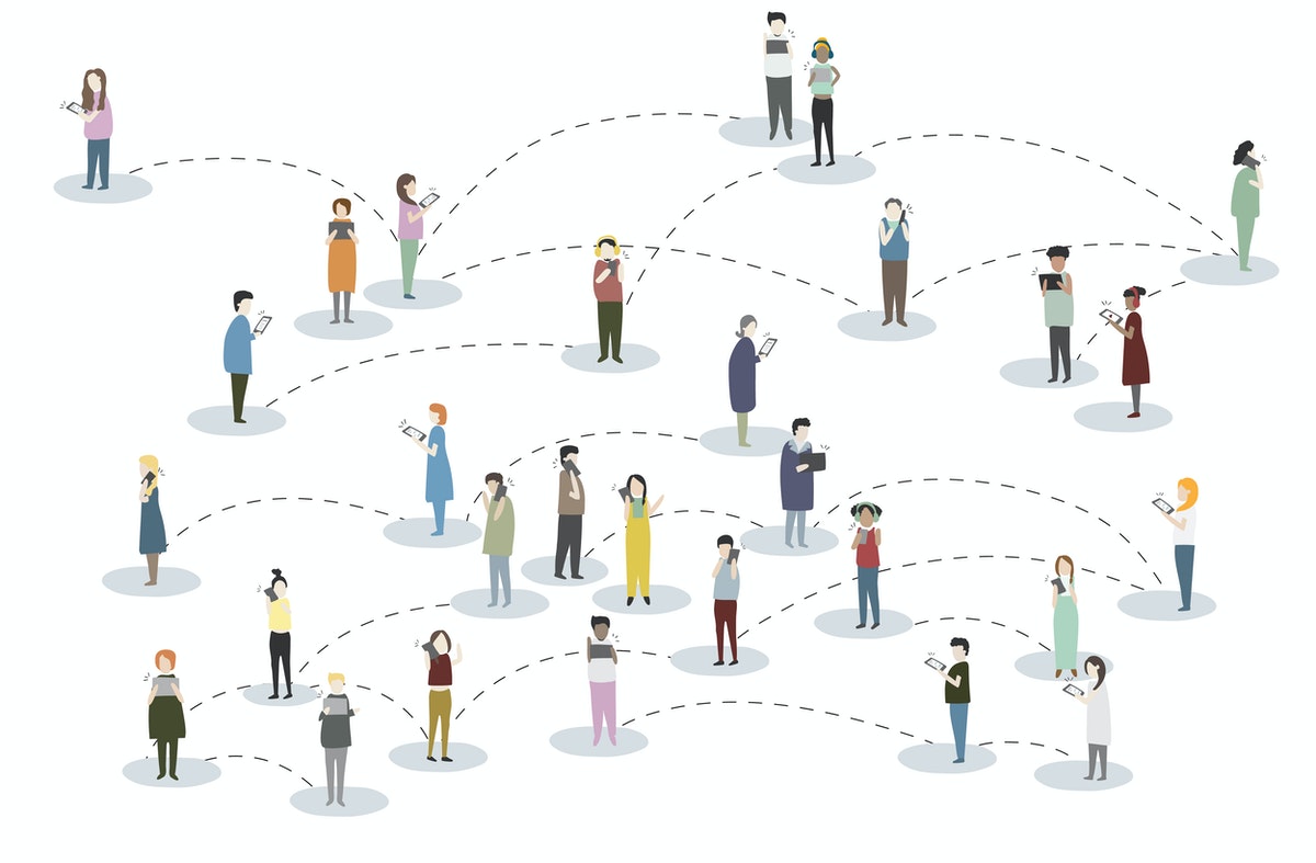 illustration of several people standing, everyone is looking at their electronic devices. Some of them are connected by a dotted line.