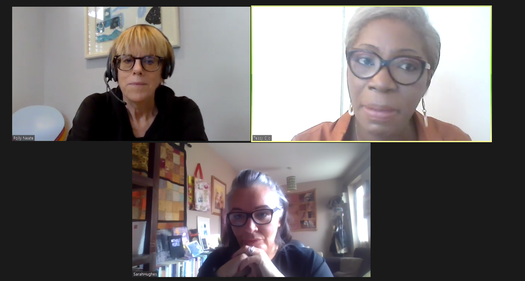 Polly Neate, Tessy Ojo and Sarah Hughes having a meeting using Zoom