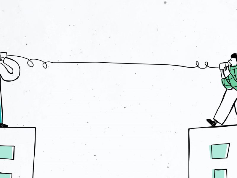 Illustration. Two people, each one standing on the top of a building, talking to each other using two cans attached to a wire
