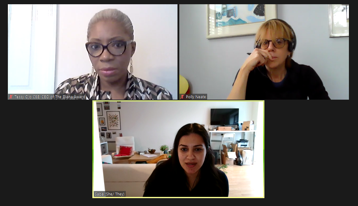 Screenshot of a conversation on Zoom with Polly Neate, Tessy Ojo and Saba Shafi