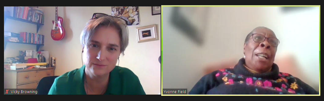 Vicky Browning and Yvonne Field having a chat over Zoom