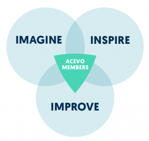 venn diagram with 3 circles, each one has a word within it: imagine, inspire, improve. when the circles overlap, there is an upside down triangle with the words ACEVO members