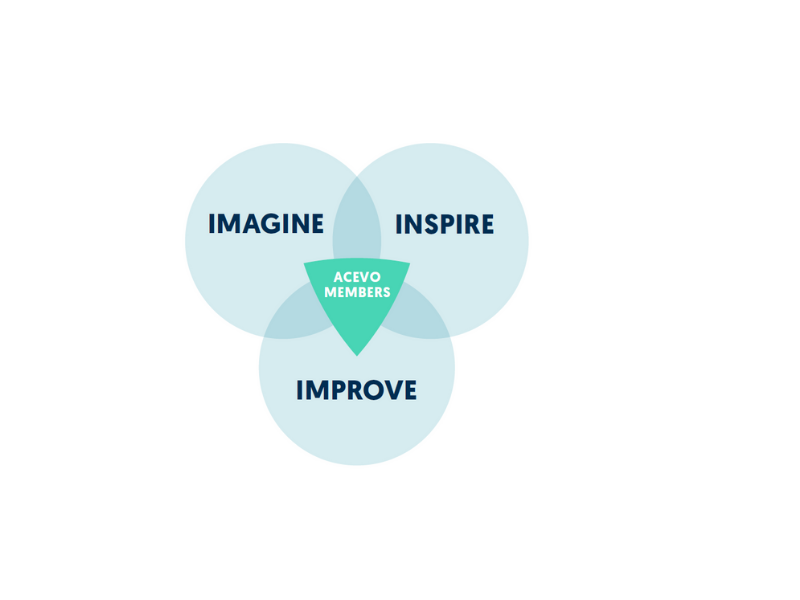 venn diagram with 3 circles, each one has a word within it: imagine, inspire, improve. when the circles overlap, there is an upside down triangle with the words ACEVO members
