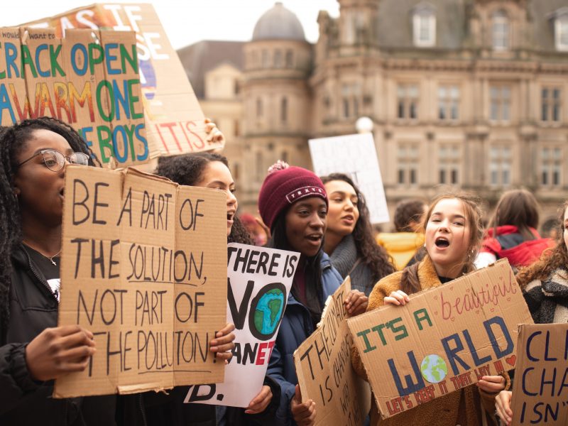 young people in a protest in the street holding signs and placards about the climate change