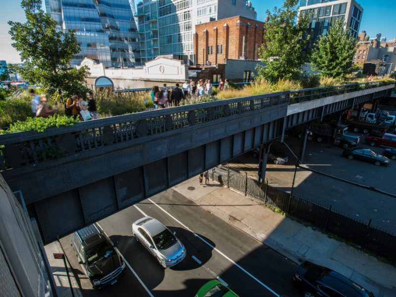 High Line in New York. A pedestrian bridge transformed into a park, people are walking around and admiring the greenery, while cars pass underneath