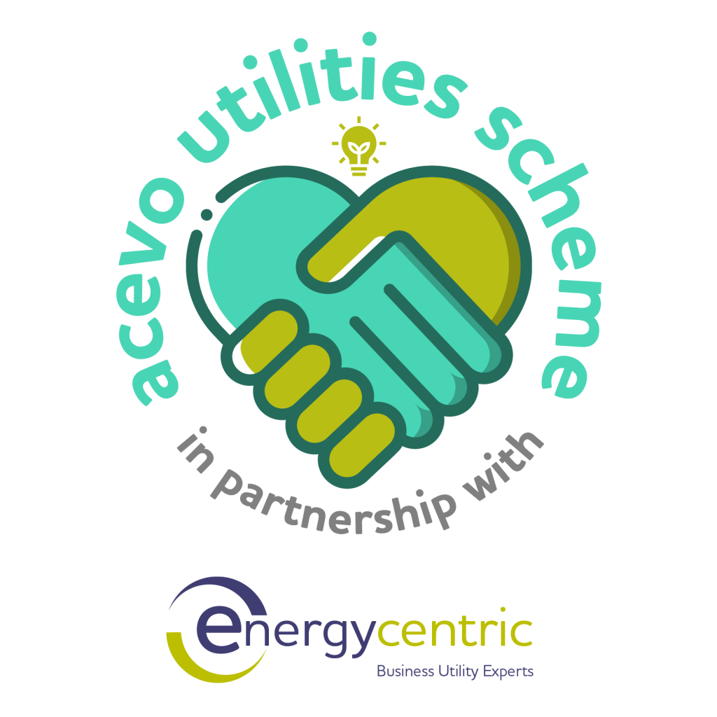 ACEVO utilities scheme in partnership with Energycentric (Business Utility Experts) Illustration of two hands holding each other creating the shape of a heart, with a lightbulb above it
