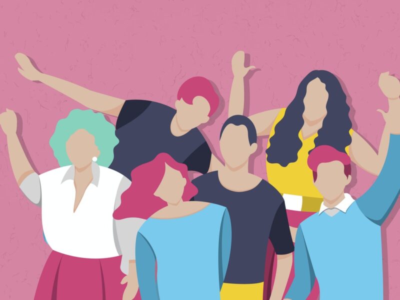 illustration featuring 6 people taking a group photo, with their arms up