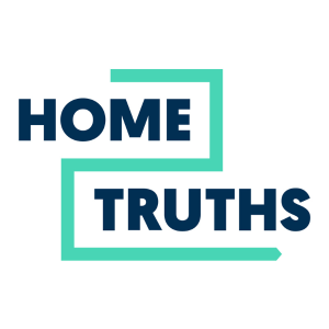 Home Truths 2 logo. Home Truths in navy blue capital letters with a mint green line wrapped around it, in the shape of a number two.
